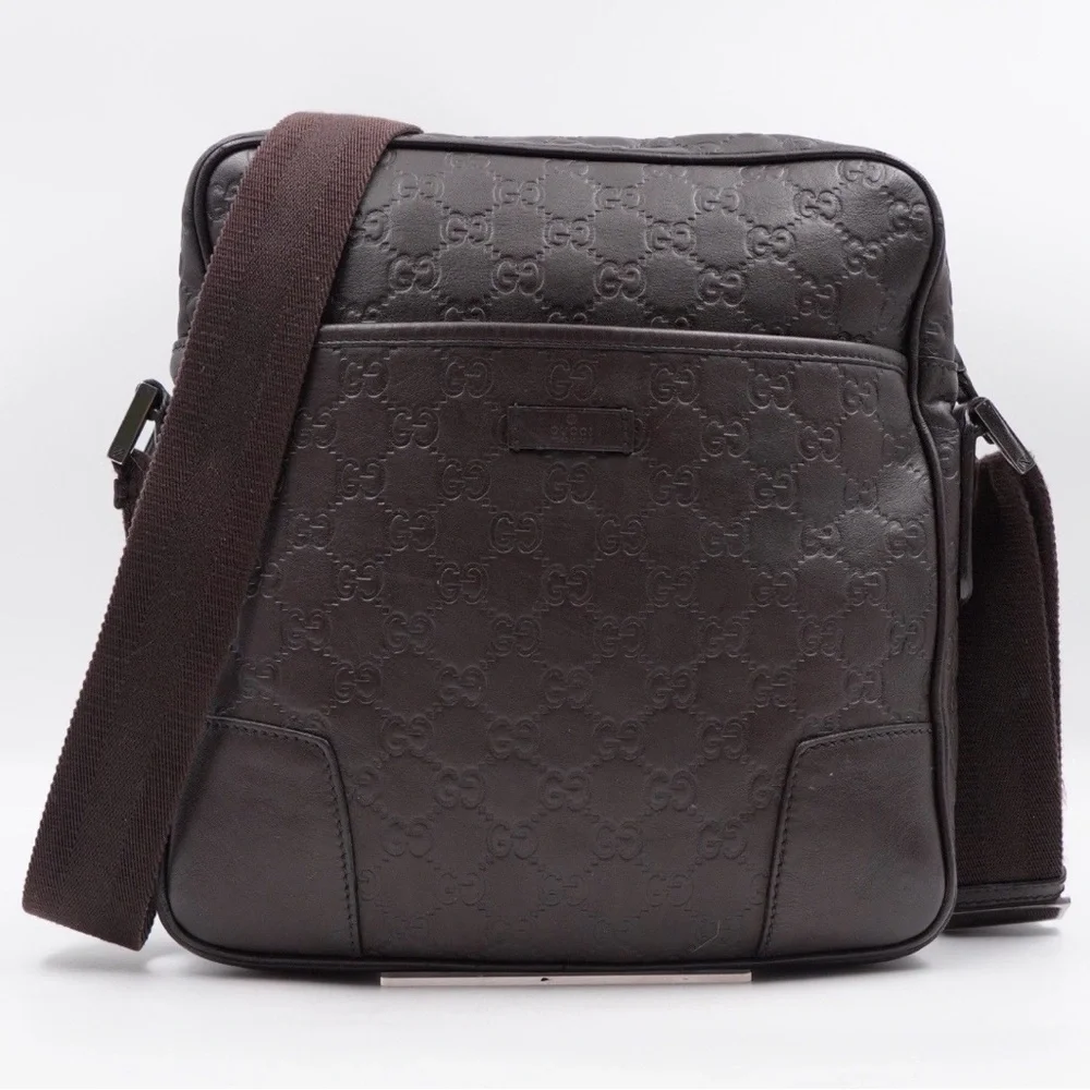 AUTHENTIC Gucci Dark Brown Embossed Leather Messenger Bag